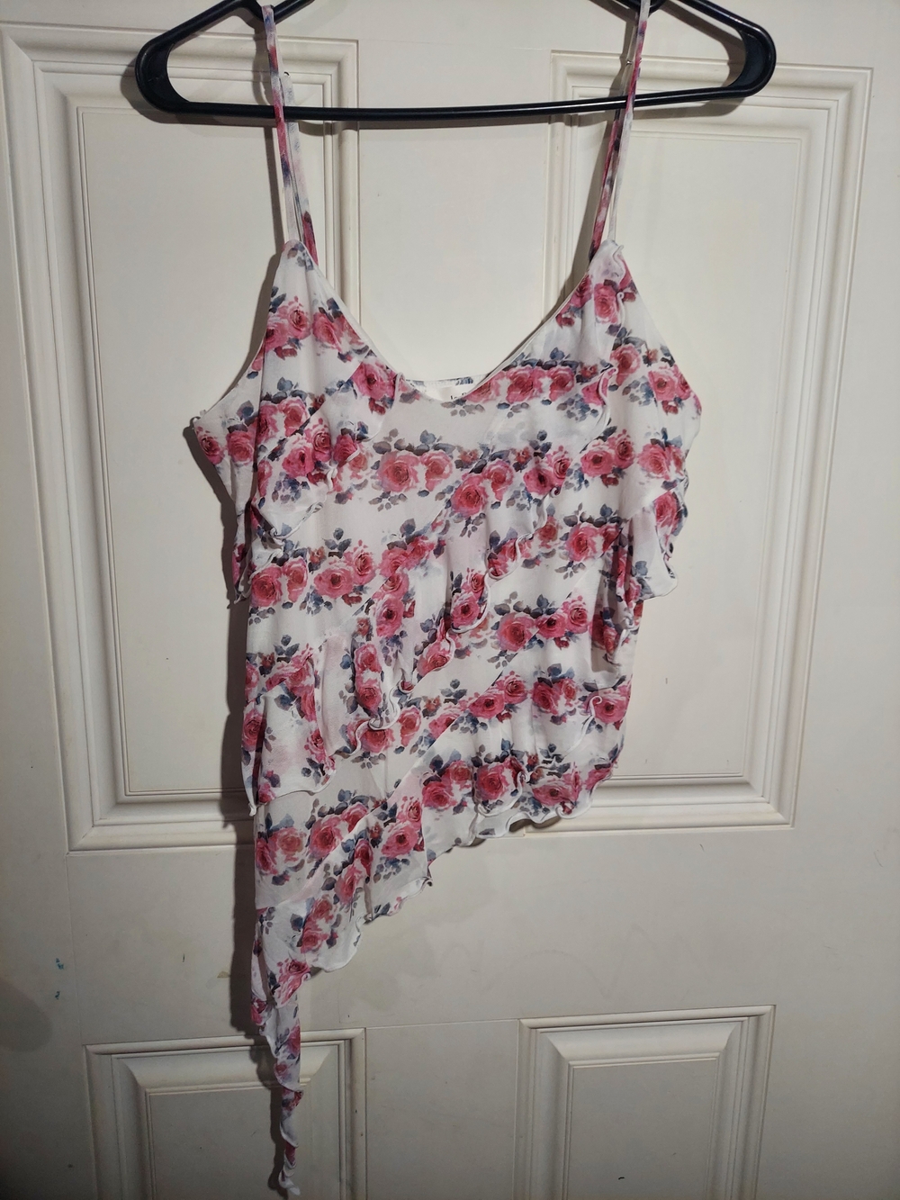 La Peche Floral White and Pink Asymmetrical Womens Tank Top Large